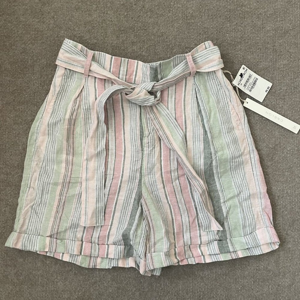 Caslon Womens Shorts XS Pink Green Striped Linen Blend Belt Lightweight Casual - Picture 1 of 9